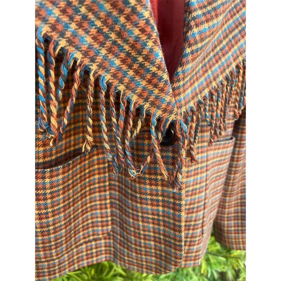 Worth Vintage 90s Plaid Tweed Blazer S Brown Fringed Shawl Collar - Picture 7 of 13